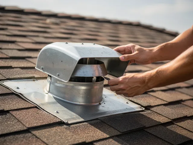 Hawaiian Gardens Dryer Vent Cleaning certified technician safely cleaning a roof-mounted dryer vent in Hawaiian Gardens