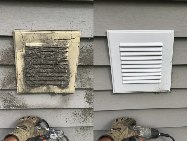 Hawaiian Gardens Dryer Vent Cleaning technician installing high-quality dryer vent cover at a residential property in Hawaiian Gardens